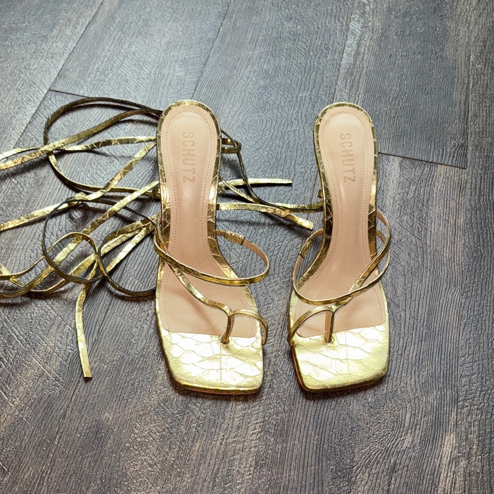 SCHUTZ Metallic Gold Lace-Up Heels US9